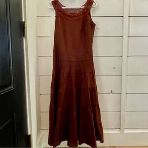 Jessica Howard Brown Maxi  linedDress 6 boho crochet beaded neckline 100% cotton